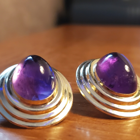 14K Yellow Gold Amethyst Cabochon Earrings - Picture 1 of 8